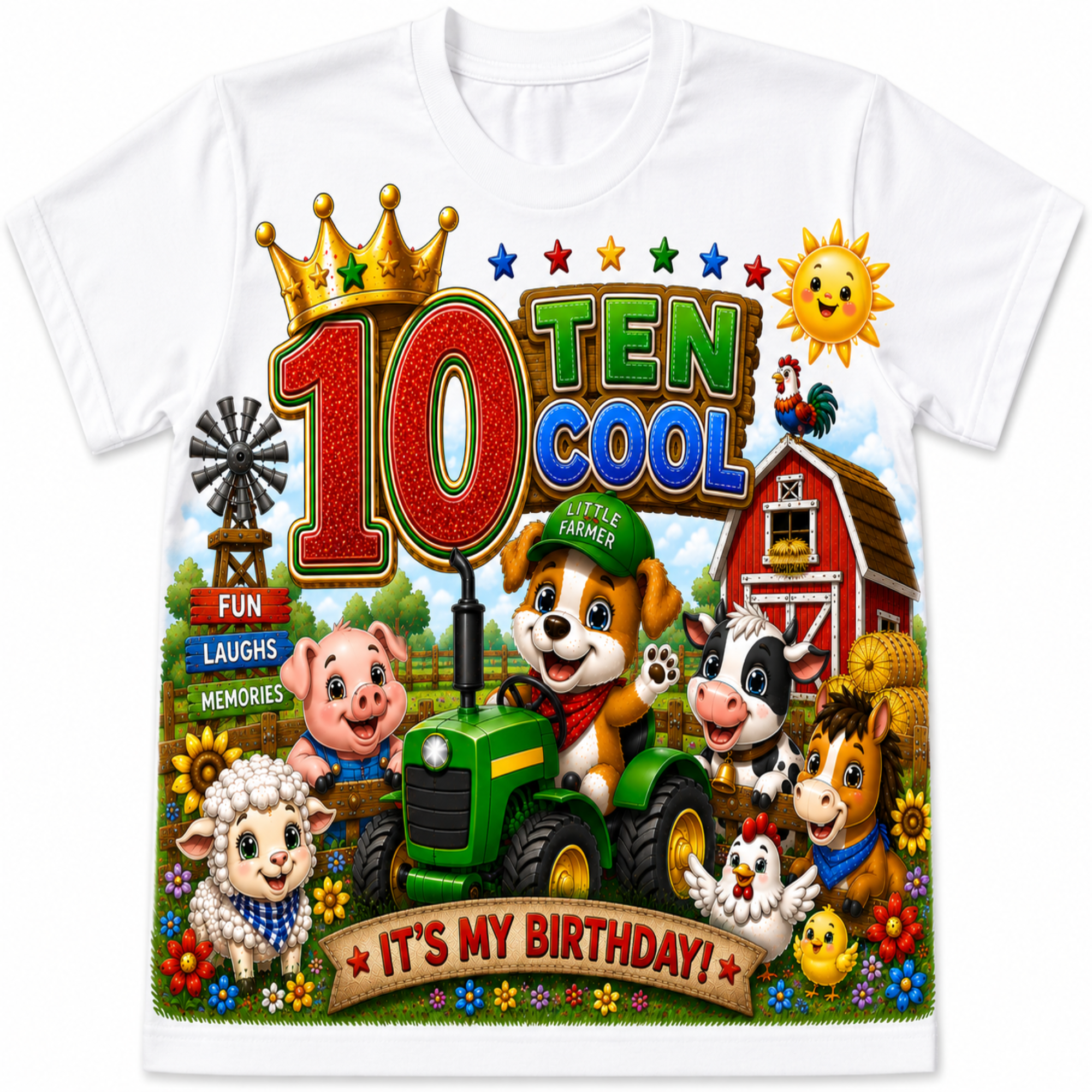 A white short-sleeve kids' t-shirt featuring a colorful cartoon graphic of farm animals and a tractor on a farm, celebrating a 10th birthday with the text '10 TEN COOL IT'S MY BIRTHDAY!'.