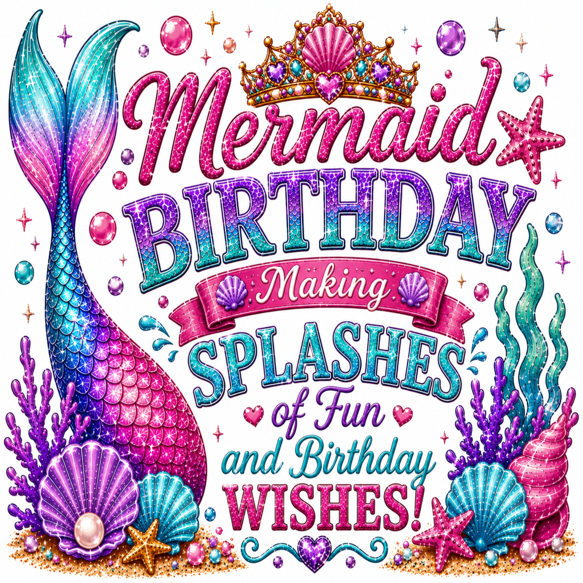 Mermaid birthday banner design with glittery pink and blue text reading 'Mermaid Birthday Making Splashes of Fun and Birthday Wishes!' surrounded by a mermaid tail, seashells, starfish, bubbles, and coral on a white background.