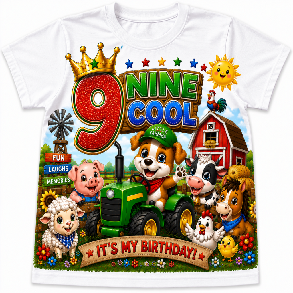 A white short-sleeve kids' t-shirt featuring a colorful cartoon graphic of farm animals and a tractor with the text '9 NINE COOL' and 'IT'S MY BIRTHDAY!'.