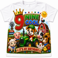 A white short-sleeve kids' t-shirt featuring a colorful cartoon graphic of farm animals and a tractor with the text '9 NINE COOL' and 'IT'S MY BIRTHDAY!'.