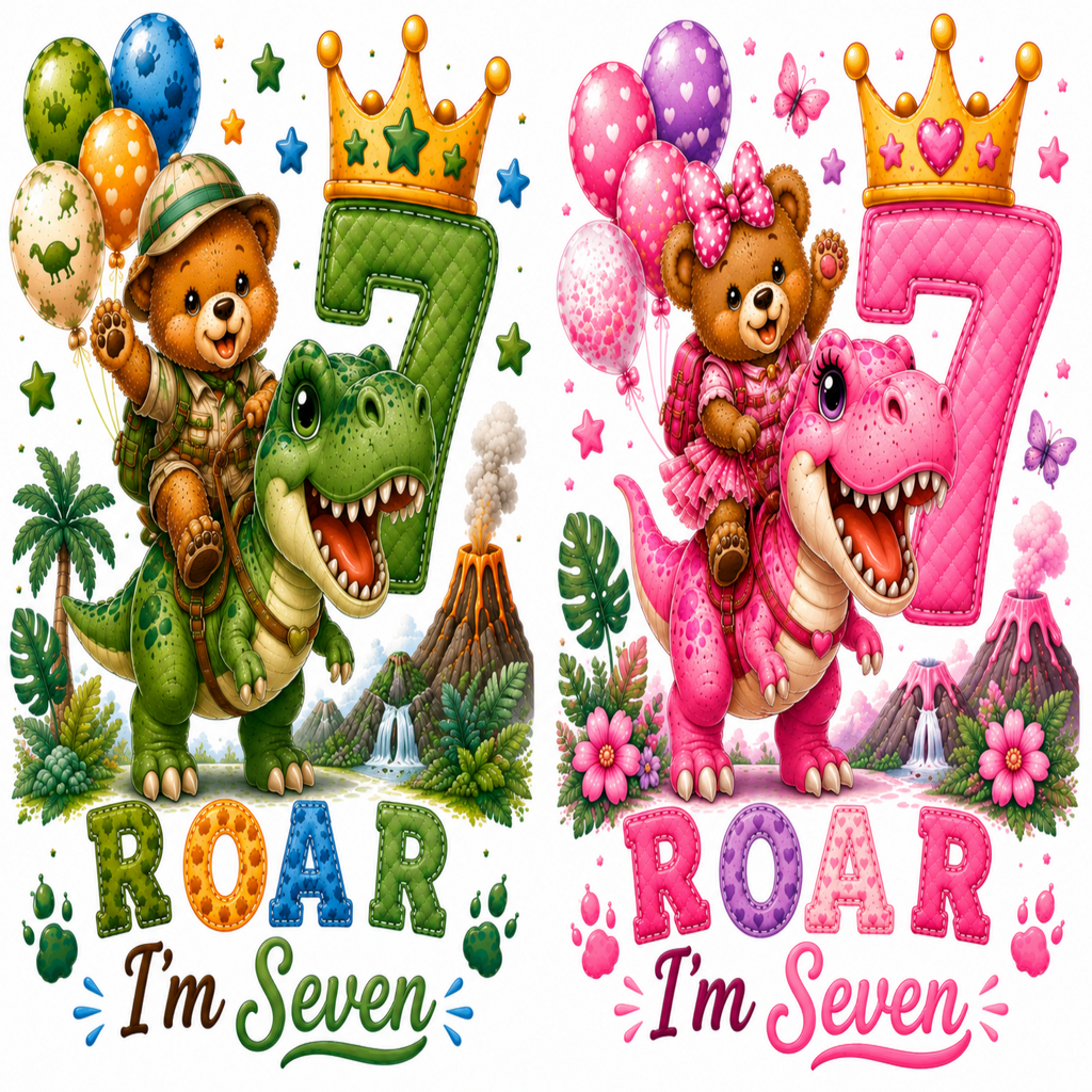 Two colorful cartoon birthday graphics featuring teddy bears riding dinosaurs, large number 7 balloons, flowers, butterflies, and the text 'ROAR I'm Seven' on a white background.