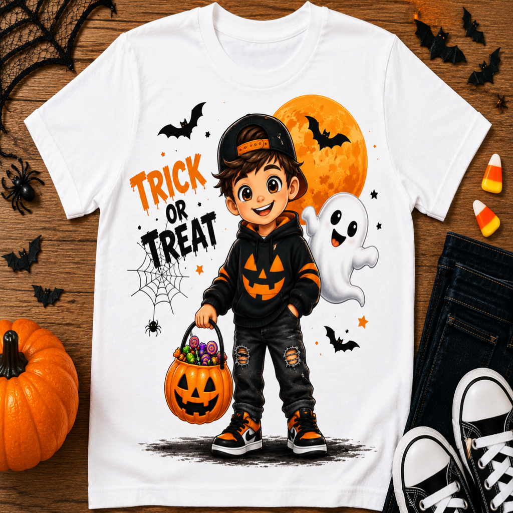 A white short-sleeve graphic T-shirt laid flat on a wooden surface with Halloween props. The shirt features a cartoon child in a black hoodie and cap holding a pumpkin bucket, with an orange full moon, white ghost, bats, spiderwebs, and the words “TRICK OR TREAT.