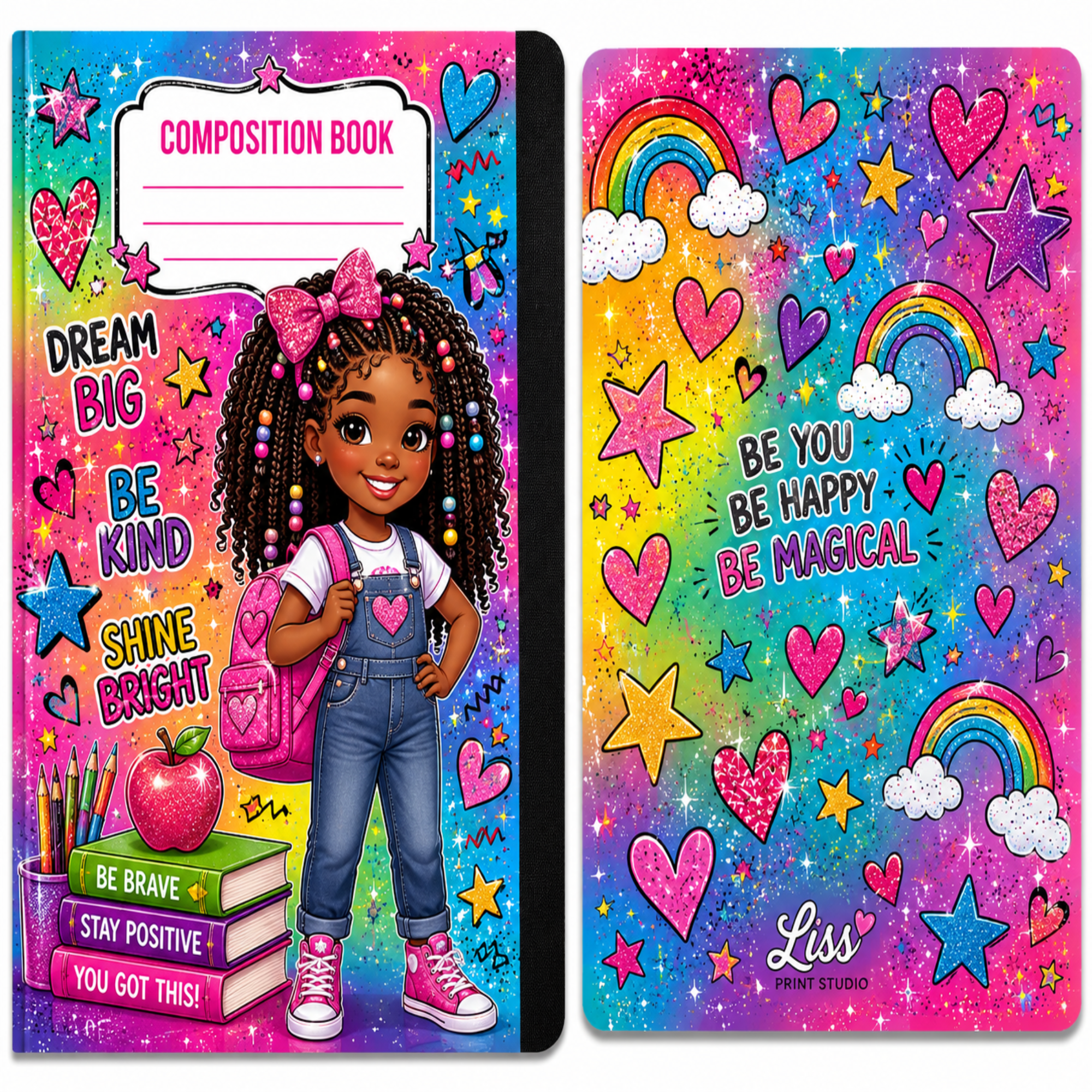 A colorful composition book shown front and back. The front cover features an illustrated girl with braided hair, a pink backpack, and motivational text including 'DREAM BIG BE KIND', 'SHINE BRIGHT', and 'COMPOSITION BOOK'.