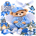 Blue prostate cancer awareness themed graphic featuring a teddy bear dressed as an angel in a blue hoodie and cap, surrounded by a white dove, blue butterfly, lantern with candle, flowers, and signs including 'Prostate Cancer Awareness' and 'Hope Lives Here'.