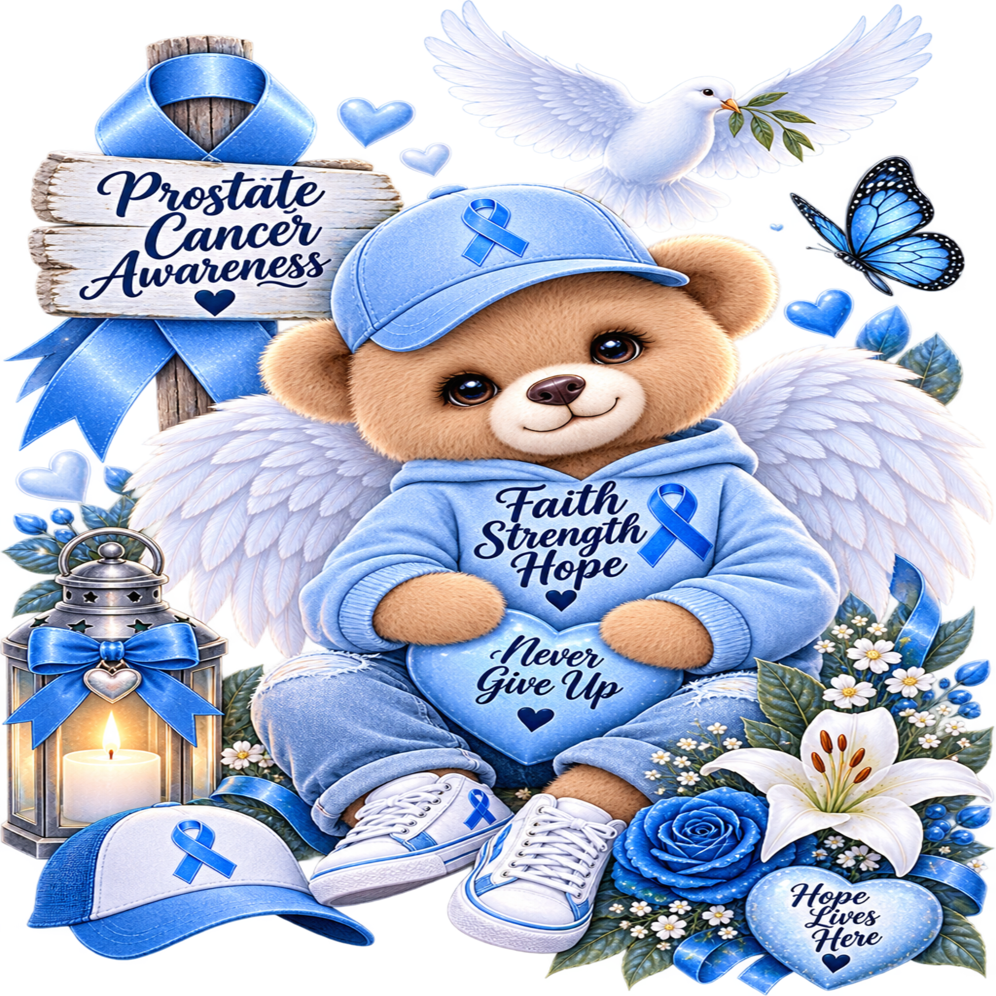 Blue prostate cancer awareness themed graphic featuring a teddy bear dressed as an angel in a blue hoodie and cap, surrounded by a white dove, blue butterfly, lantern with candle, flowers, and signs including 'Prostate Cancer Awareness' and 'Hope Lives Here'.