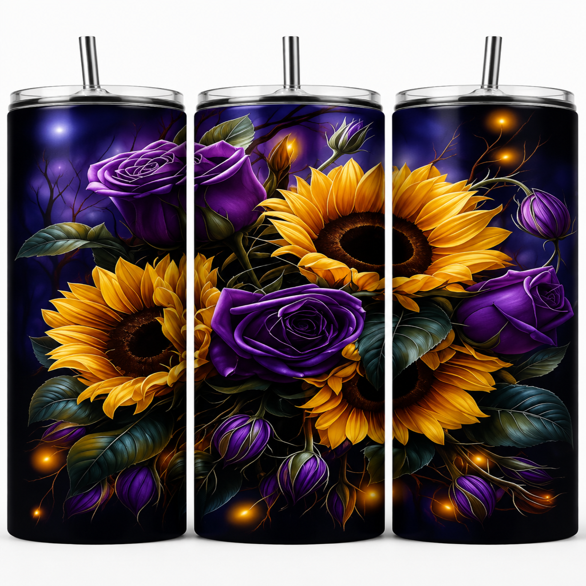 Three tall insulated tumblers with clear lids and metal straws, shown side by side on a white background. The tumblers feature a vivid floral print with large yellow sunflowers and deep purple roses and buds on a dark background.