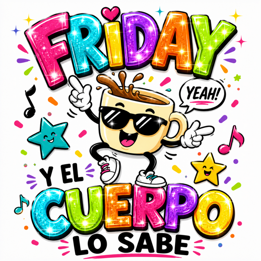 Vibrant cartoon graphic with the Spanish text 'FRIDAY Y EL CUERPO LO SABE' in large multicolored glitter-style letters, plus a dancing coffee cup wearing sunglasses, stars, music notes, and confetti on a white background.