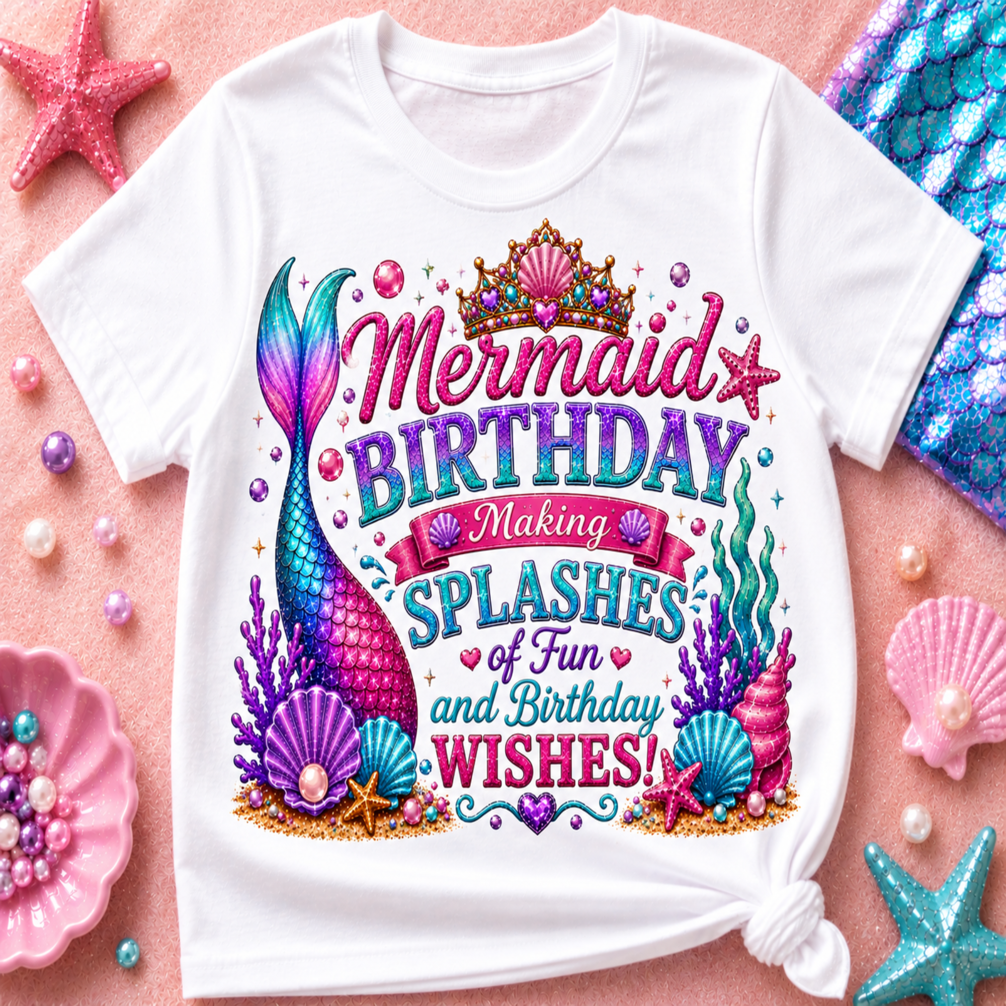 A white short-sleeve t-shirt with a colorful mermaid-themed birthday graphic, styled in a flat-lay on a pink background with seashells, starfish, and a mermaid tail.