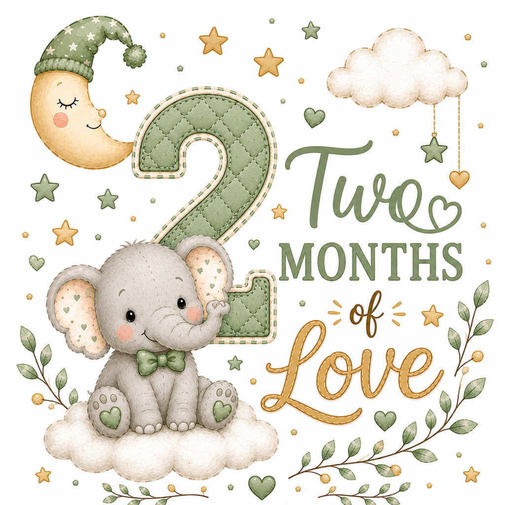 A baby nursery wall art print featuring a cute illustration of a two-month-old elephant sitting on a fluffy cloud, next to a large quilted green number 2. The text reads 'Two MONTHS of Love' in green and gold fonts, surrounded by a crescent moon in a starry hat, stars, hearts, and leafy vines on a white background.
