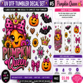Promotional graphic for a UV DTF tumbler decal set featuring a pumpkin queen design. The image shows a large pumpkin face with a pink bow, smaller pumpkin decals, floral and bow motifs, bats, crowns, and text reading 'Pumpkin Queen' on a white background.