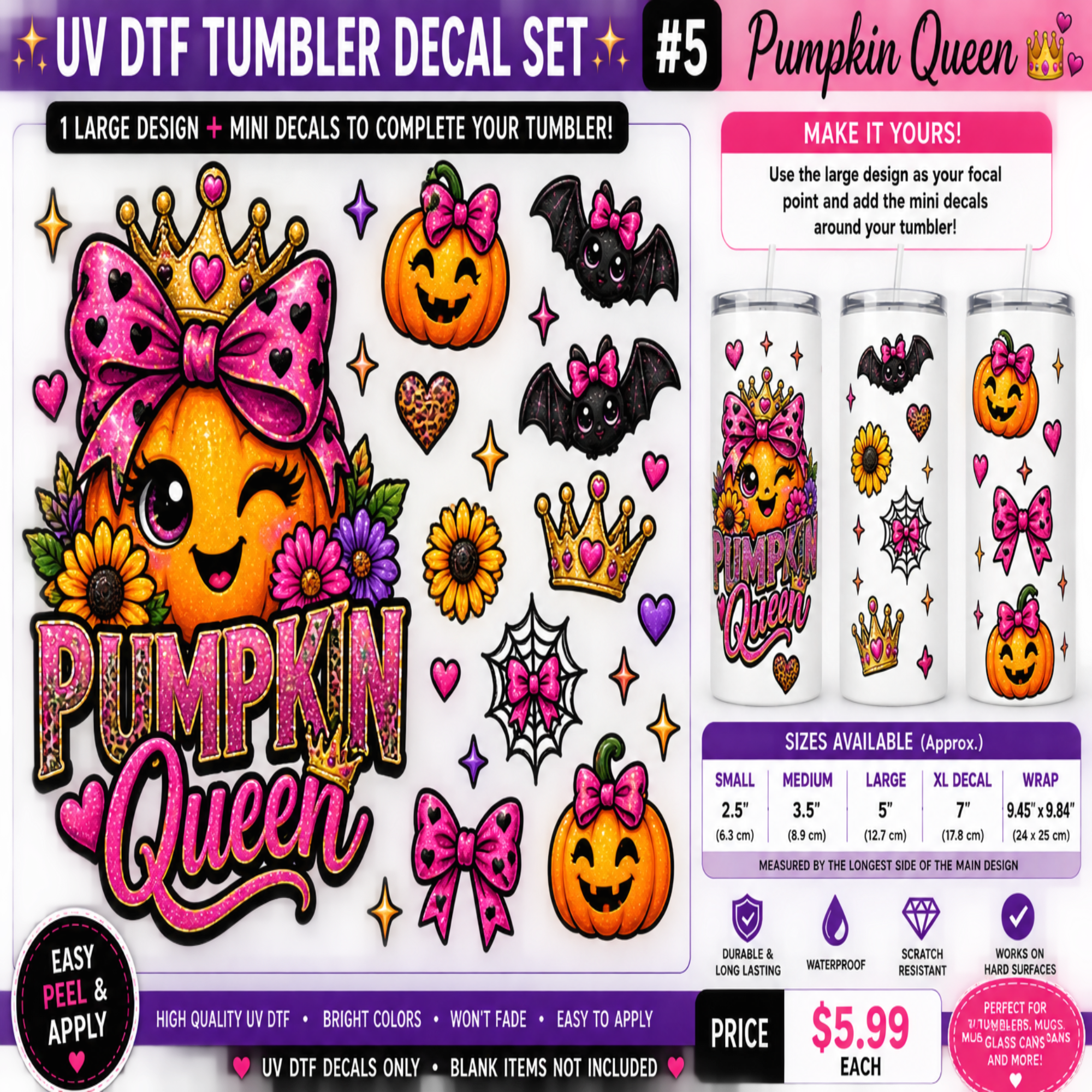 Promotional graphic for a UV DTF tumbler decal set featuring a pumpkin queen design. The image shows a large pumpkin face with a pink bow, smaller pumpkin decals, floral and bow motifs, bats, crowns, and text reading 'Pumpkin Queen' on a white background.