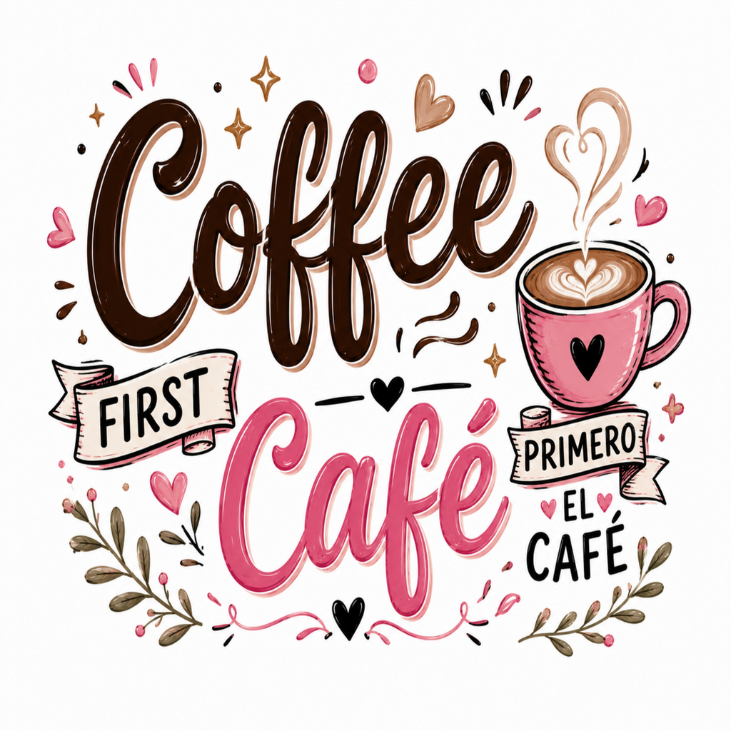 Hand-lettered coffee-themed graphic with the words 'Coffee First Café' in brown and pink lettering, a pink coffee cup with latte art and heart detail, decorative hearts, stars, and leafy flourishes on a white background.