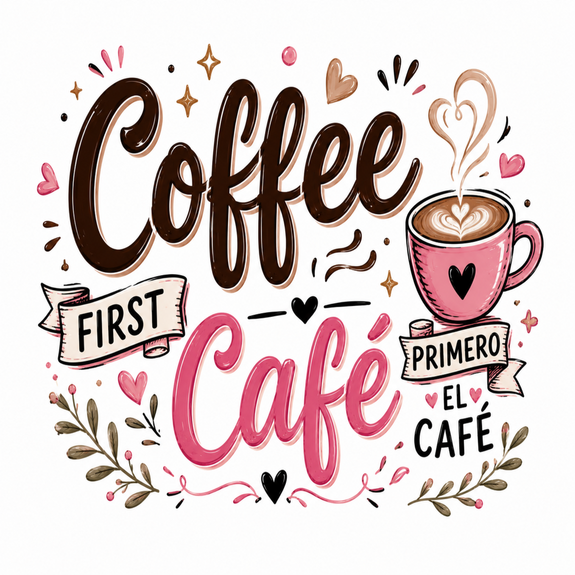 Hand-lettered coffee-themed graphic with the words 'Coffee First Café' in brown and pink lettering, a pink coffee cup with latte art and heart detail, decorative hearts, stars, and leafy flourishes on a white background.