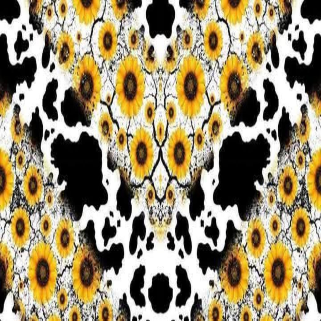 A repeating abstract pattern featuring yellow sunflowers with dark centers, black irregular spots, and a white background.
