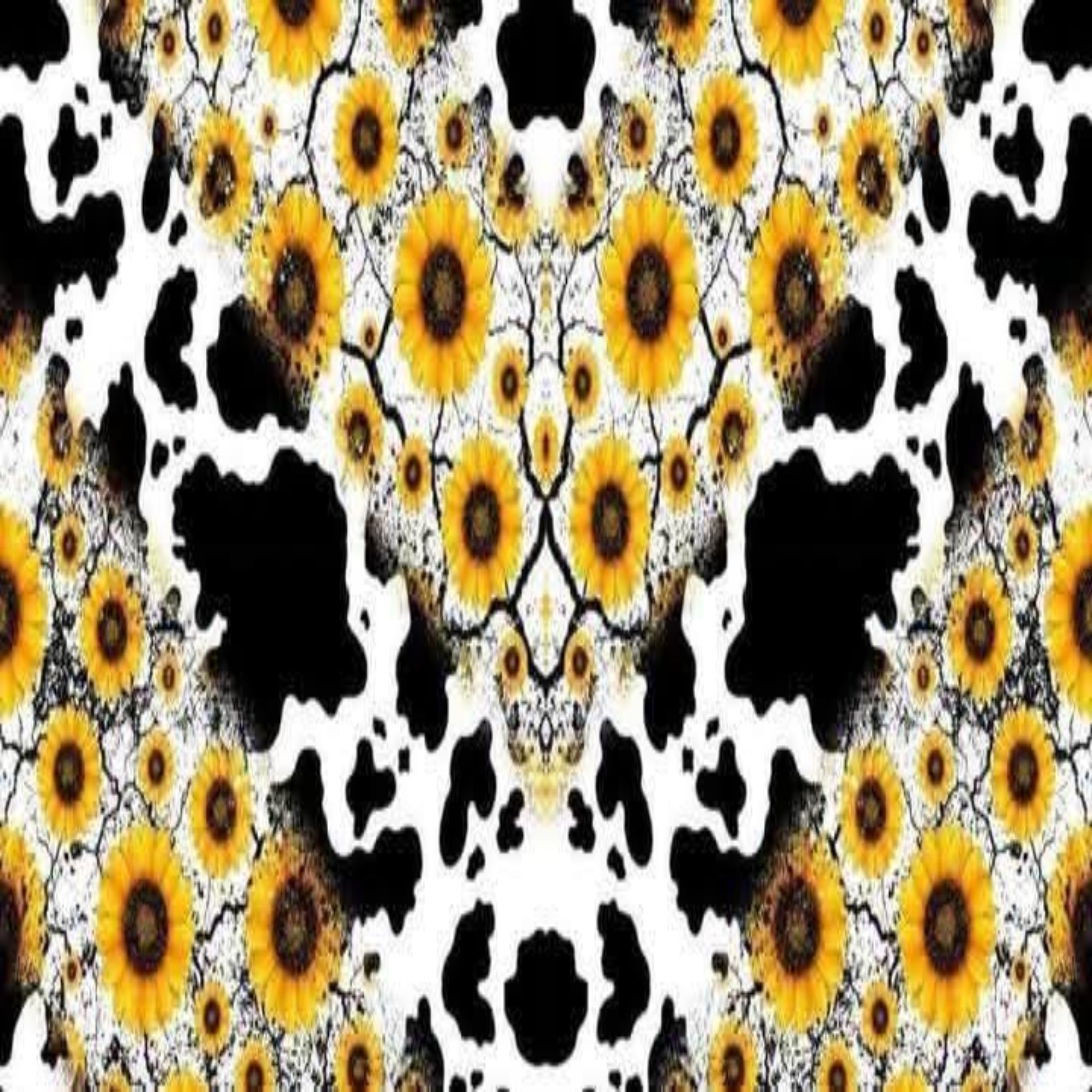 A repeating abstract pattern featuring yellow sunflowers with dark centers, black irregular spots, and a white background.