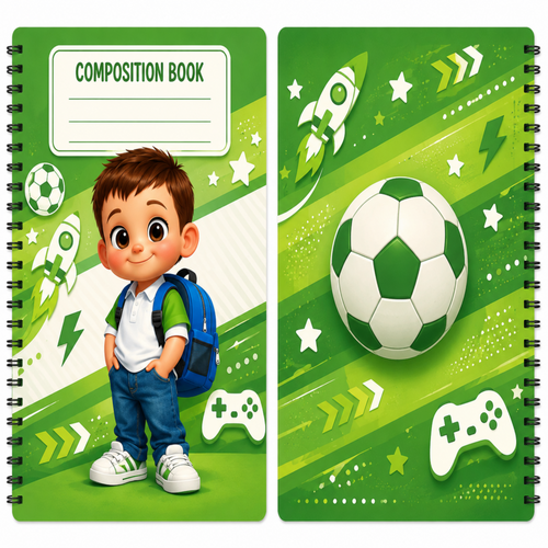 A two-panel spiral composition book cover design with a green soccer theme. The left panel shows a cartoon boy with a blue backpack and the text 'COMPOSITION BOOK' in a white label, while the right panel features a large soccer ball, rockets, stars, lightning bolts, and white game controllers on a bright green background.