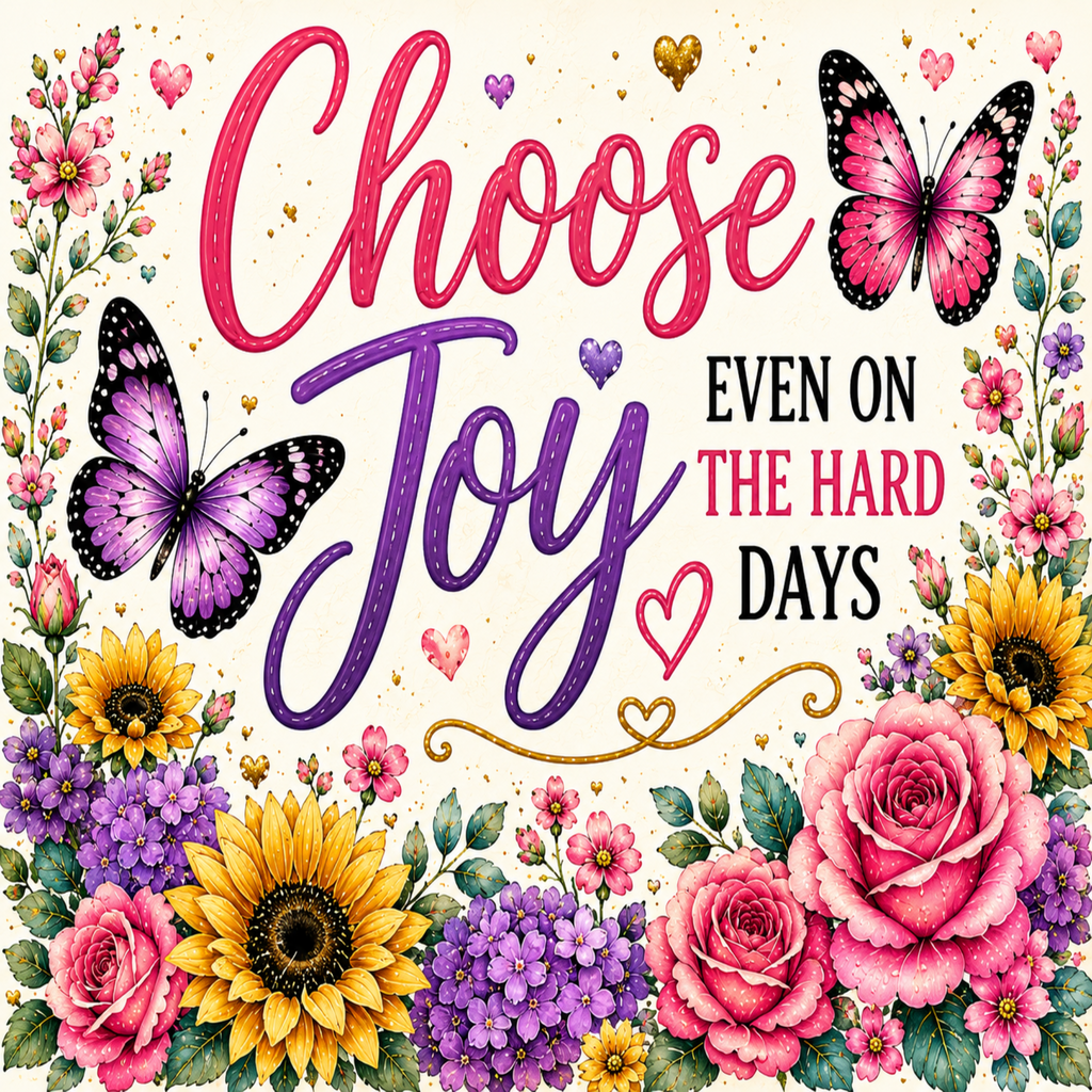 A decorative typographic floral design with the words “Choose Joy Even on the Hard Days” in pink, purple, and black lettering, surrounded by illustrated flowers, butterflies, and hearts on a cream background.