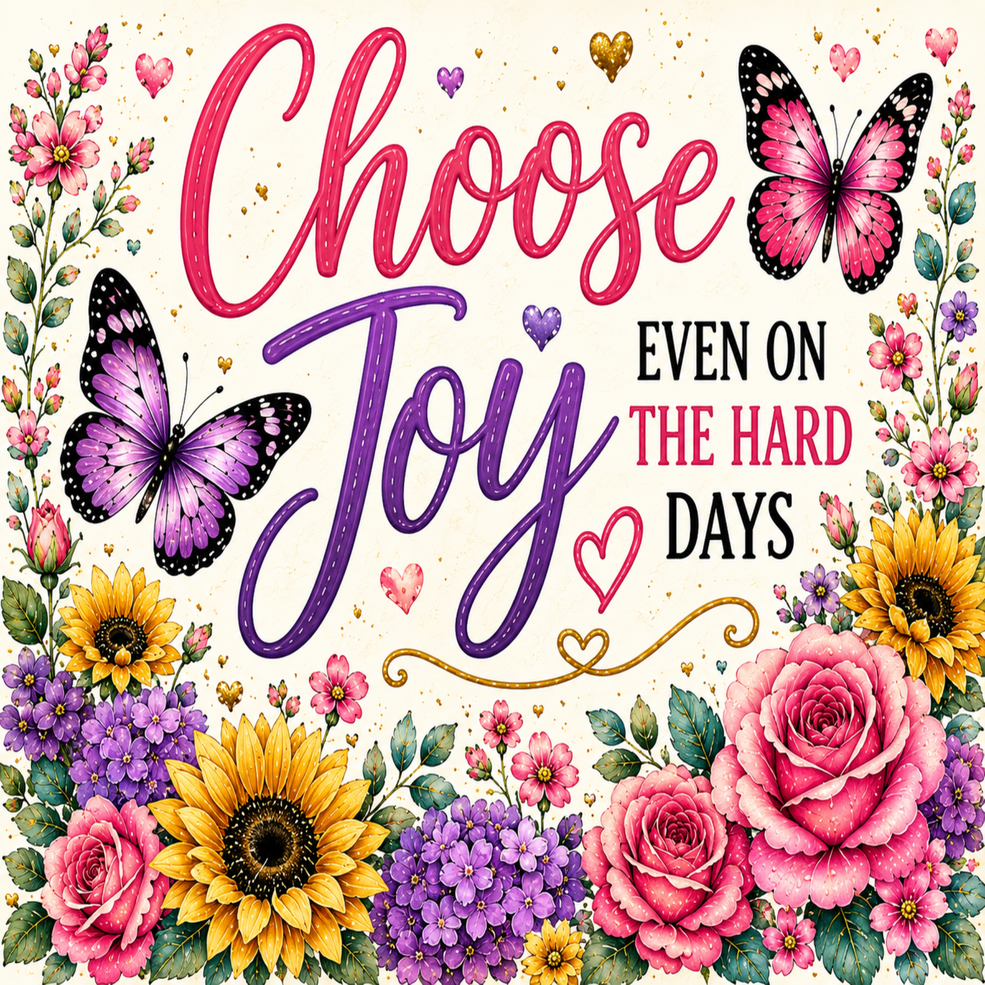 A decorative typographic floral design with the words “Choose Joy Even on the Hard Days” in pink, purple, and black lettering, surrounded by illustrated flowers, butterflies, and hearts on a cream background.