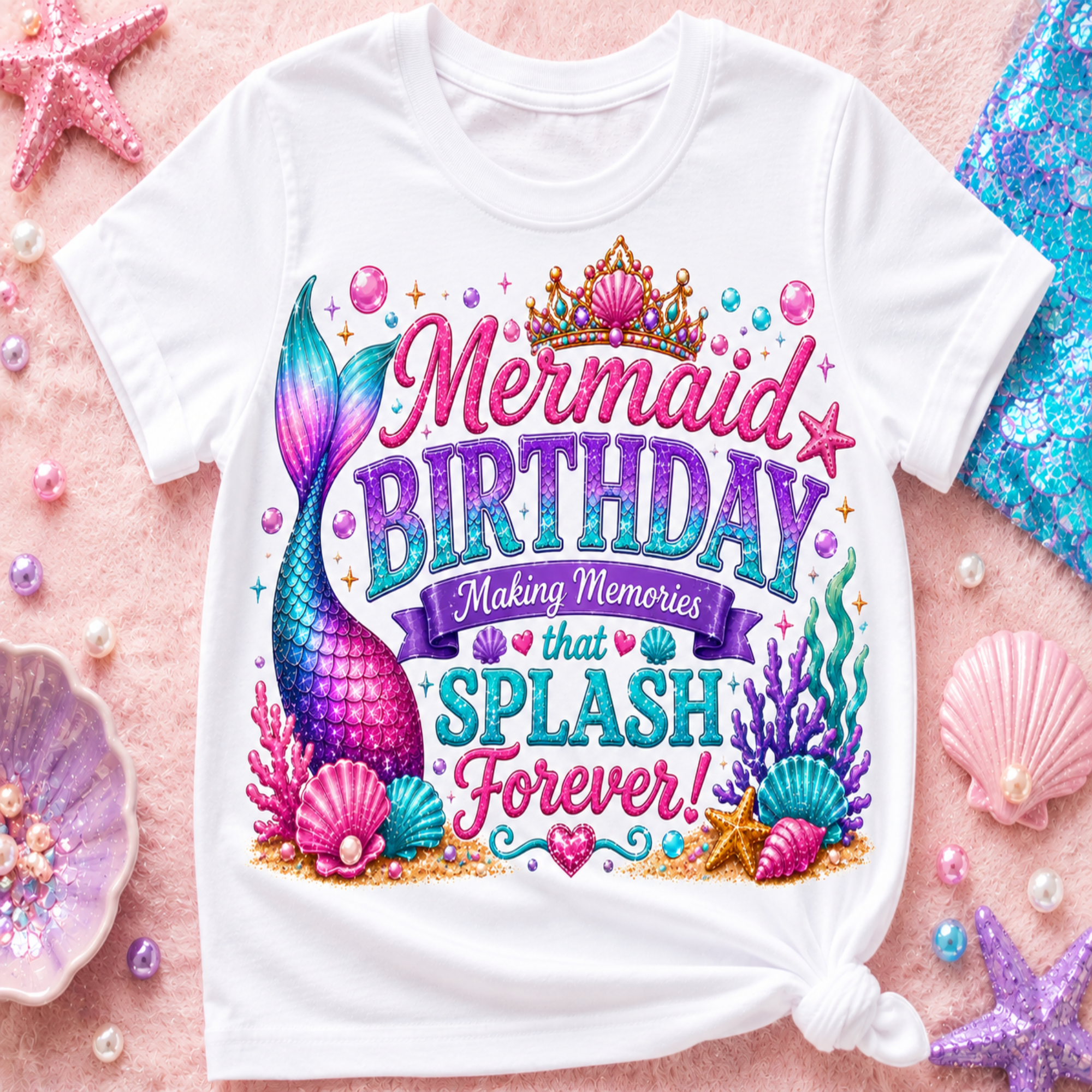 A white kids' t-shirt with a colorful mermaid-themed birthday graphic, displayed in a flat-lay arrangement with seashells, starfish, and a blue sequined fabric on a pink background.