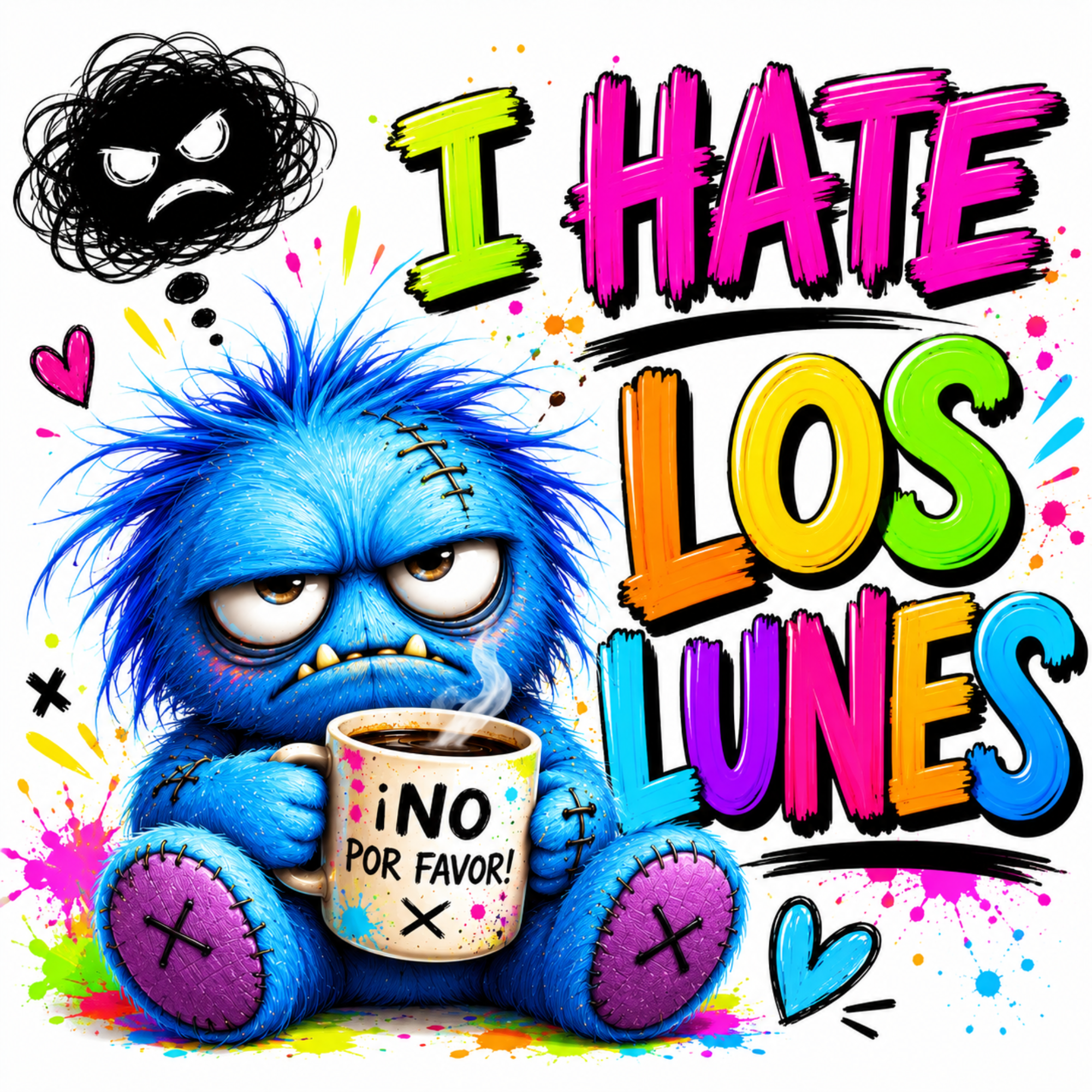 Vibrant graphic design featuring a blue furry monster holding a coffee mug with the text '¡NO POR FAVOR!' and the phrase 'I HATE LOS LUNES' in colorful brushstrokes, surrounded by paint splatters and hearts on a white background.