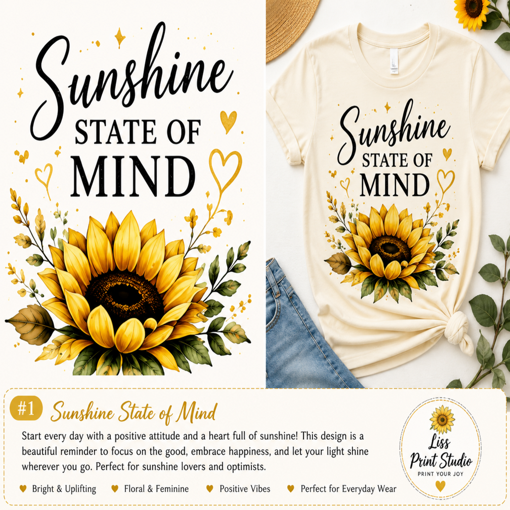 A promotional mockup for a sunflower graphic design with the text 'Sunshine STATE OF MIND.' The left side shows the artwork alone on a white background, while the right side shows the design printed on a cream T-shirt styled with denim and a straw hat.