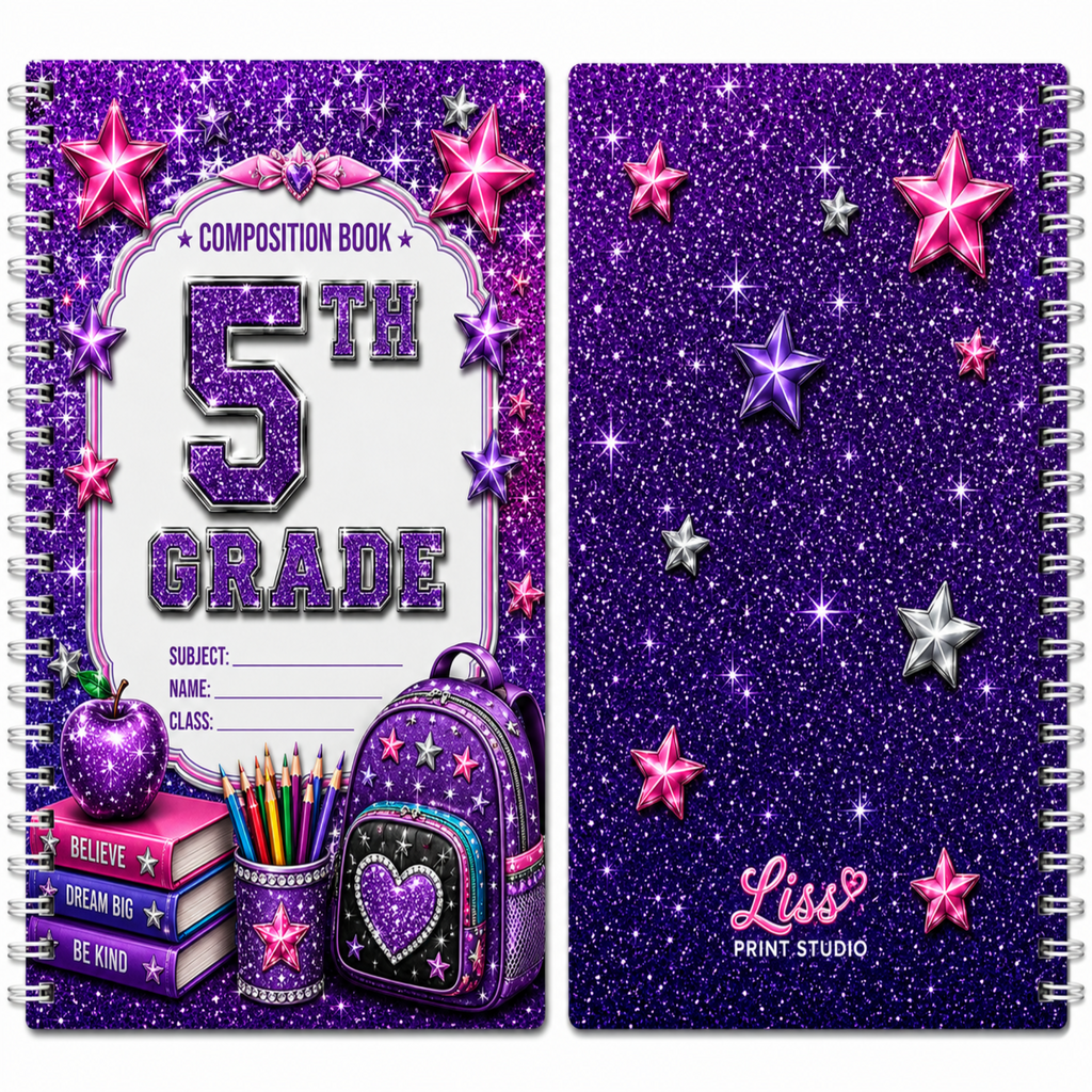 A spiral-bound composition book shown from both front and back covers. The covers feature a glittery purple background with pink and silver stars, a white decorative frame on the front, and school-themed illustrations including an apple, pencils, a backpack, and books.