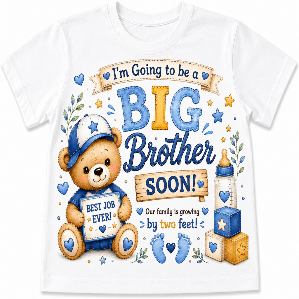 A white short-sleeve baby t-shirt featuring a colorful graphic design for a baby brother shower. The design includes a cartoon teddy bear wearing a blue cap and holding a sign that says 'BEST JOB EVER!', along with text reading 'I'm Going to be a BIG Brother SOON!' and 'Our family is growing by two feet!'.