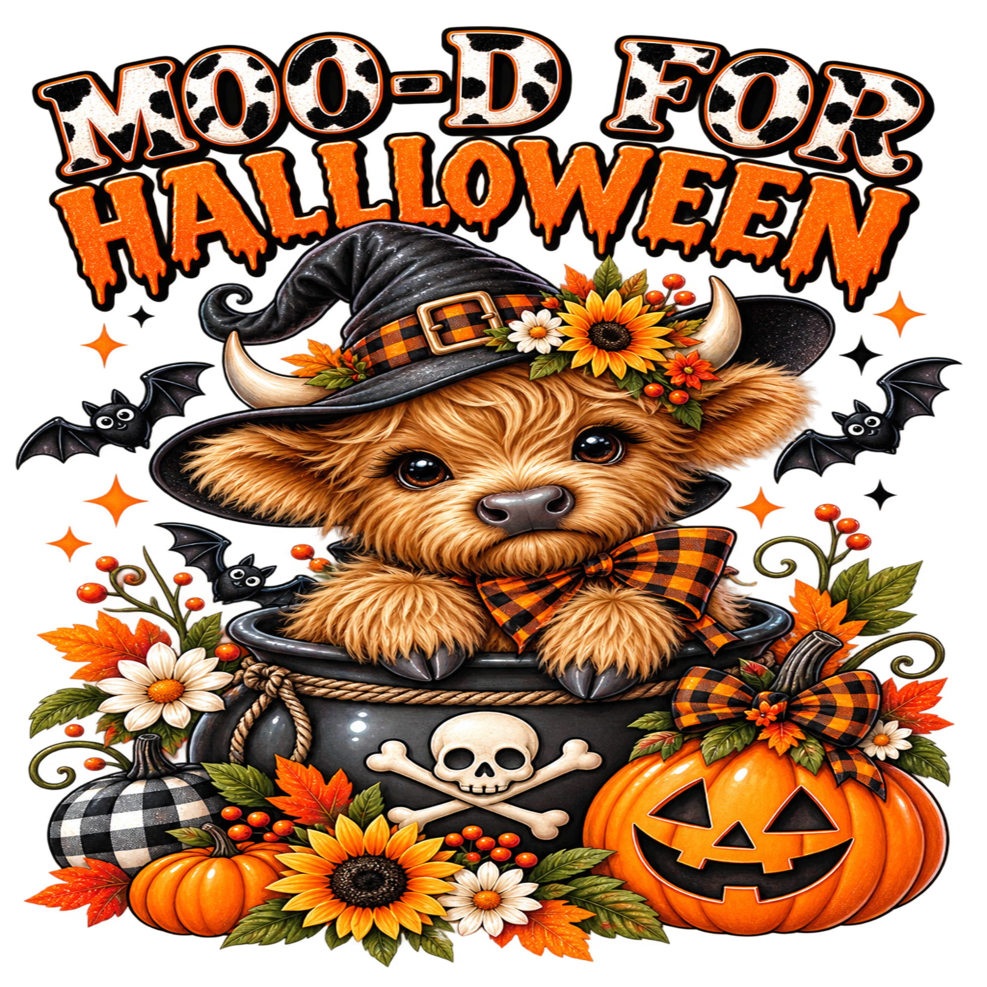 A festive Halloween graphic with the text 'MOO-D FOR HALLOWEEN' above a fluffy brown dog wearing a witch hat and plaid bow tie, sitting in a cauldron with a skull emblem, surrounded by pumpkins, flowers, bats, and autumn leaves on a white background.