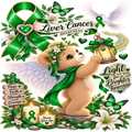 Liver Cancer Awareness themed digital illustration featuring a cute brown angel teddy bear with white wings, a green ribbon headband, and a lantern. The scene is decorated with a large green awareness ribbon, white lilies, green butterflies, candles, wooden signposts, and inspirational text including 'Liver Cancer Awareness' and 'Light the way for a Brighter tomorrow'.