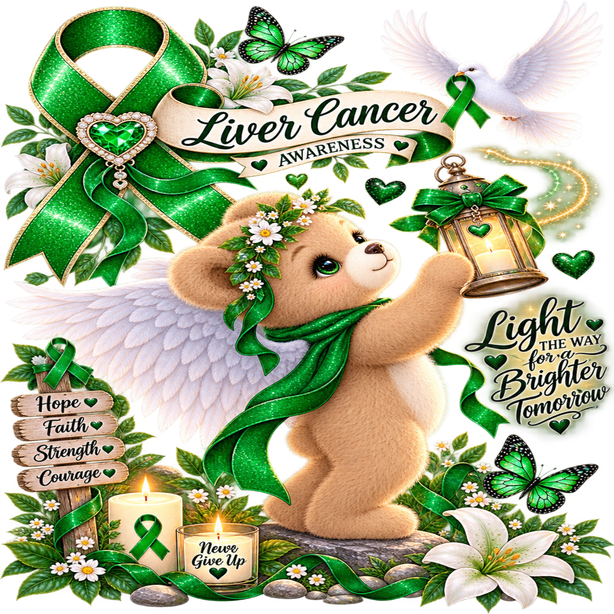 Liver Cancer Awareness themed digital illustration featuring a cute brown angel teddy bear with white wings, a green ribbon headband, and a lantern. The scene is decorated with a large green awareness ribbon, white lilies, green butterflies, candles, wooden signposts, and inspirational text including 'Liver Cancer Awareness' and 'Light the way for a Brighter tomorrow'.