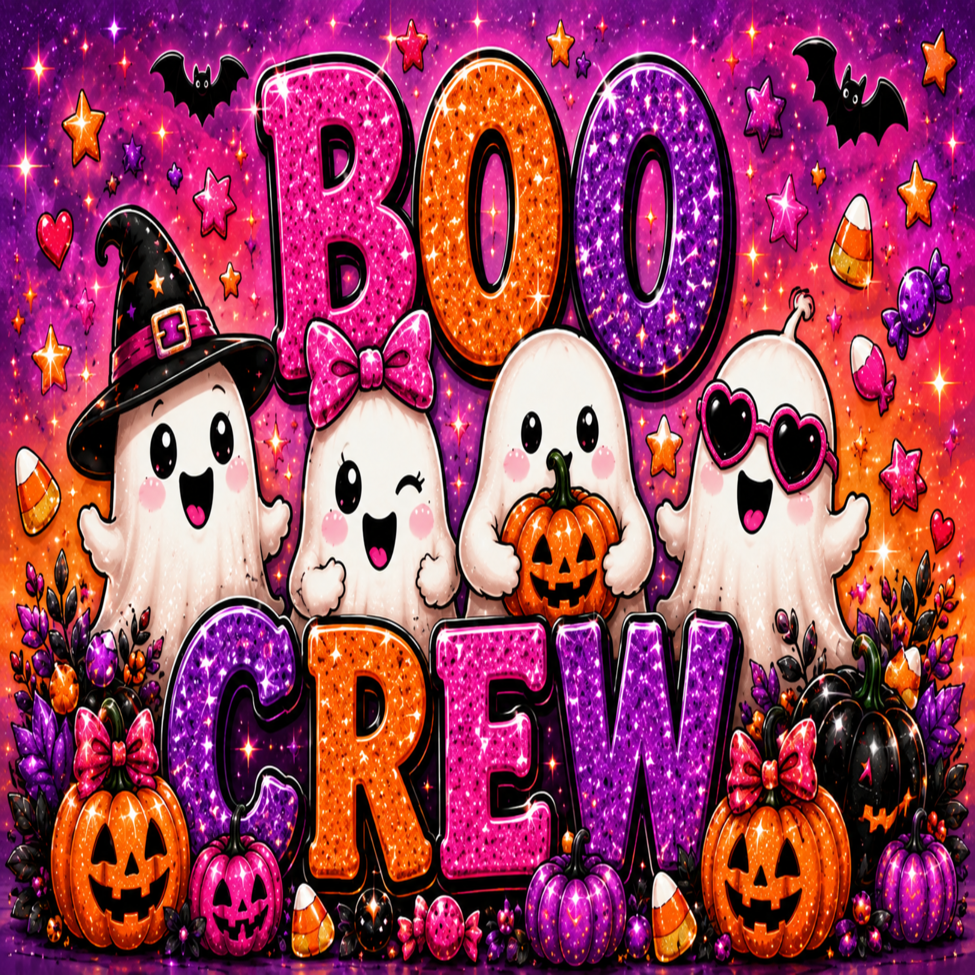 A colorful Halloween-themed graphic with the words “BOO CREW” in glittery letters, surrounded by cartoon ghosts, jack-o'-lanterns, candy corn, stars, bats, and a sparkly purple background.