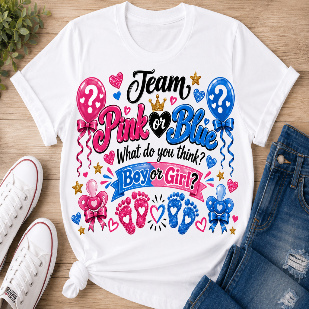 A white graphic T-shirt laid flat on a wood surface, styled with white sneakers and blue jeans. The shirt features a colorful 'Team Pink or Blue' graphic with balloons, hearts, stars, footprints, and banners reading 'What do you think? Boy or Girl?'.