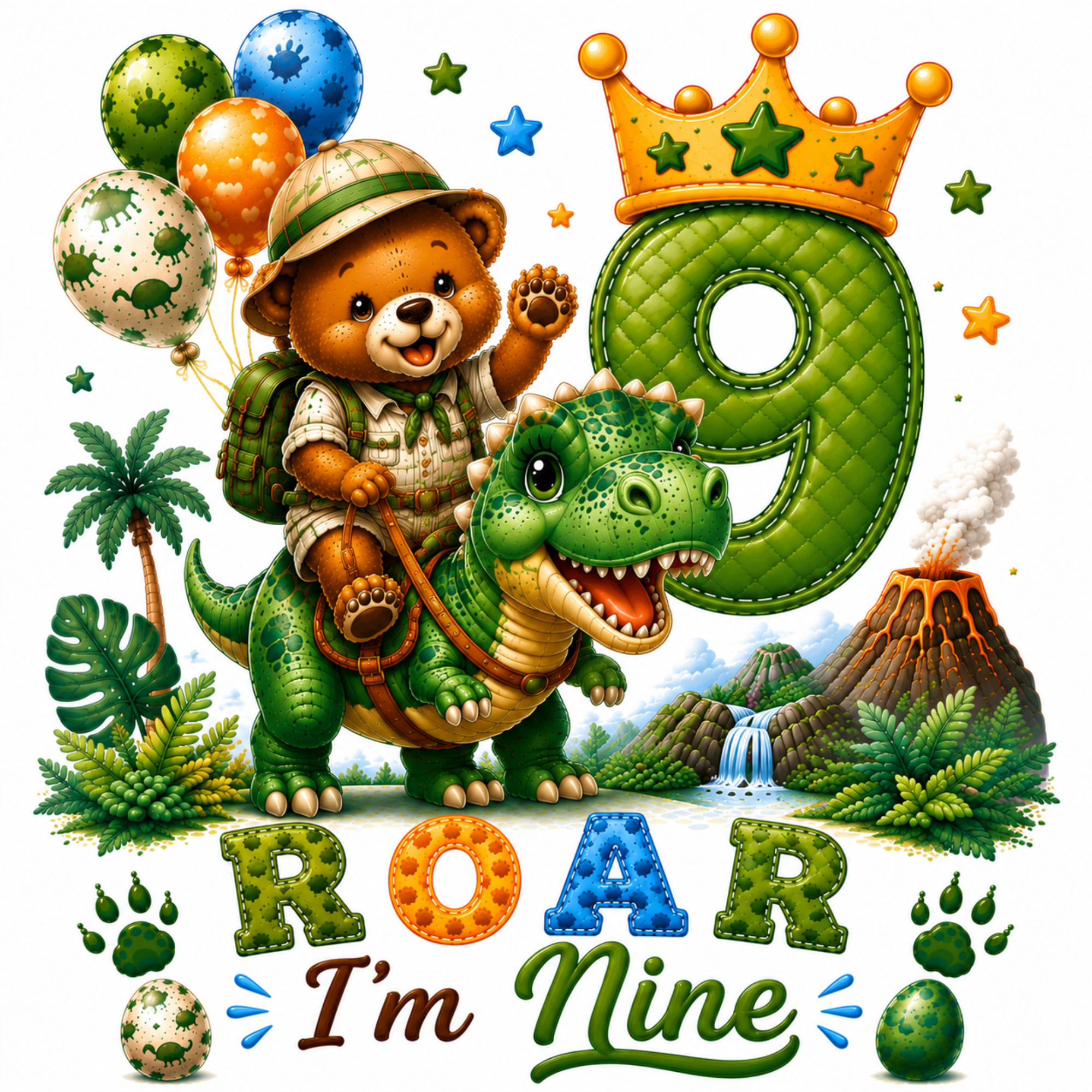 A colorful cartoon birthday illustration for a child turning nine, featuring a teddy bear wearing a safari hat and backpack riding a green dinosaur, with a large stitched number 9 topped by a gold crown, the word ROAR, and the phrase I'm Nine. The scene includes balloons, palm trees, plants, a volcano, mountains, and paw prints on a white background.