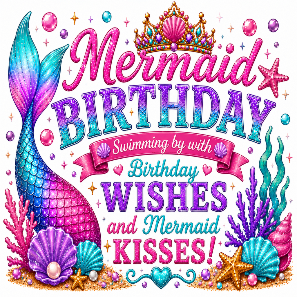 A colorful mermaid-themed birthday card design with glitter-style text reading 'Mermaid Birthday Swimming by with Birthday Wishes and Mermaid Kisses!' plus a mermaid tail, crown, shells, coral, bubbles, and starfish on a white background.