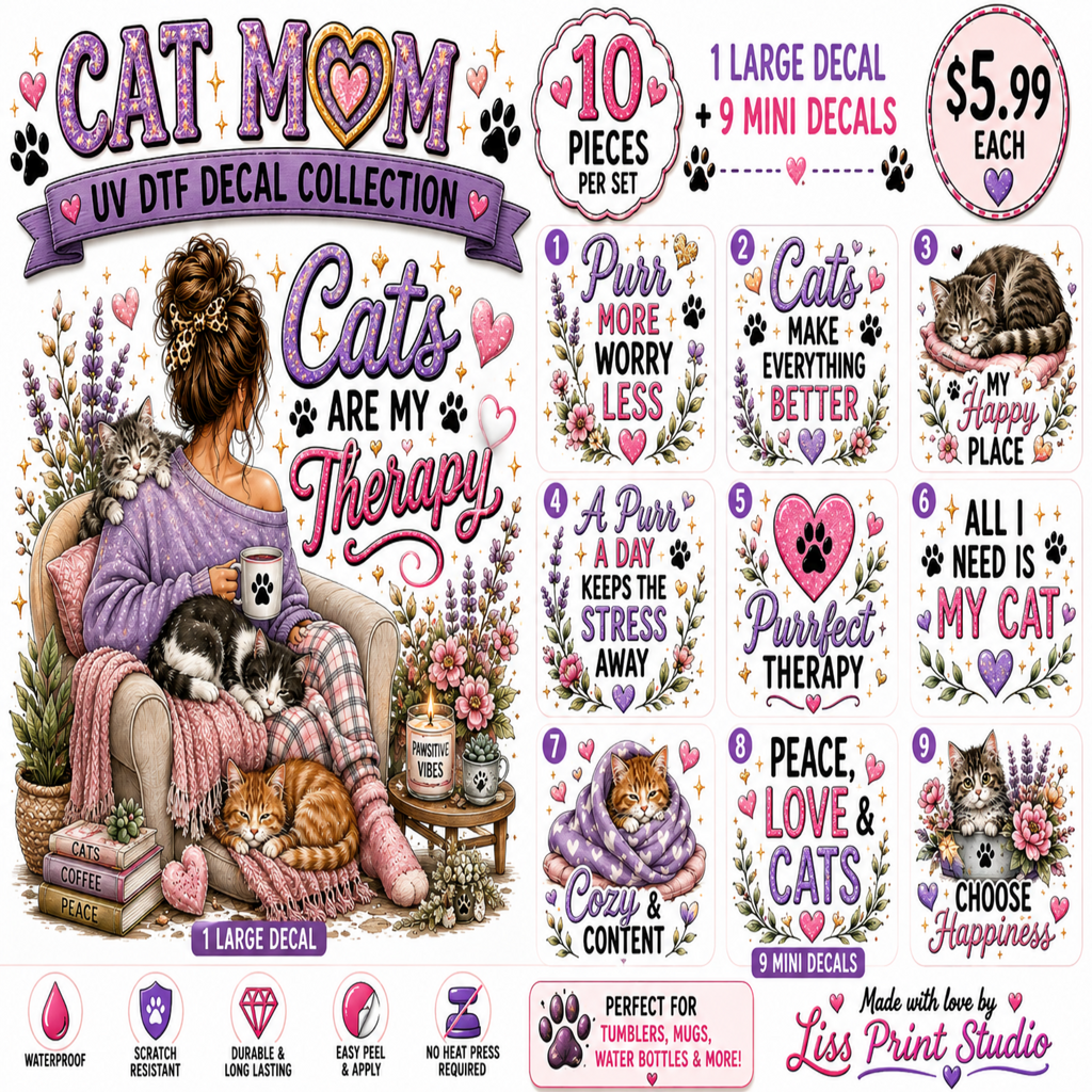 A collage-style product sheet for a 'Cat Mom' UV DTF decal collection by Lisa Print Studio, showing multiple decorative sticker designs with cats, paw prints, hearts, flowers, and humorous quotes. The sheet includes a large 1-large decal, 9 mini decals, and pricing information, with a pink and purple color theme and illustrated woman-and-cat motifs.