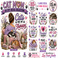 A collage-style product sheet for a 'Cat Mom' UV DTF decal collection by Lisa Print Studio, showing multiple decorative sticker designs with cats, paw prints, hearts, flowers, and humorous quotes. The sheet includes a large 1-large decal, 9 mini decals, and pricing information, with a pink and purple color theme and illustrated woman-and-cat motifs.