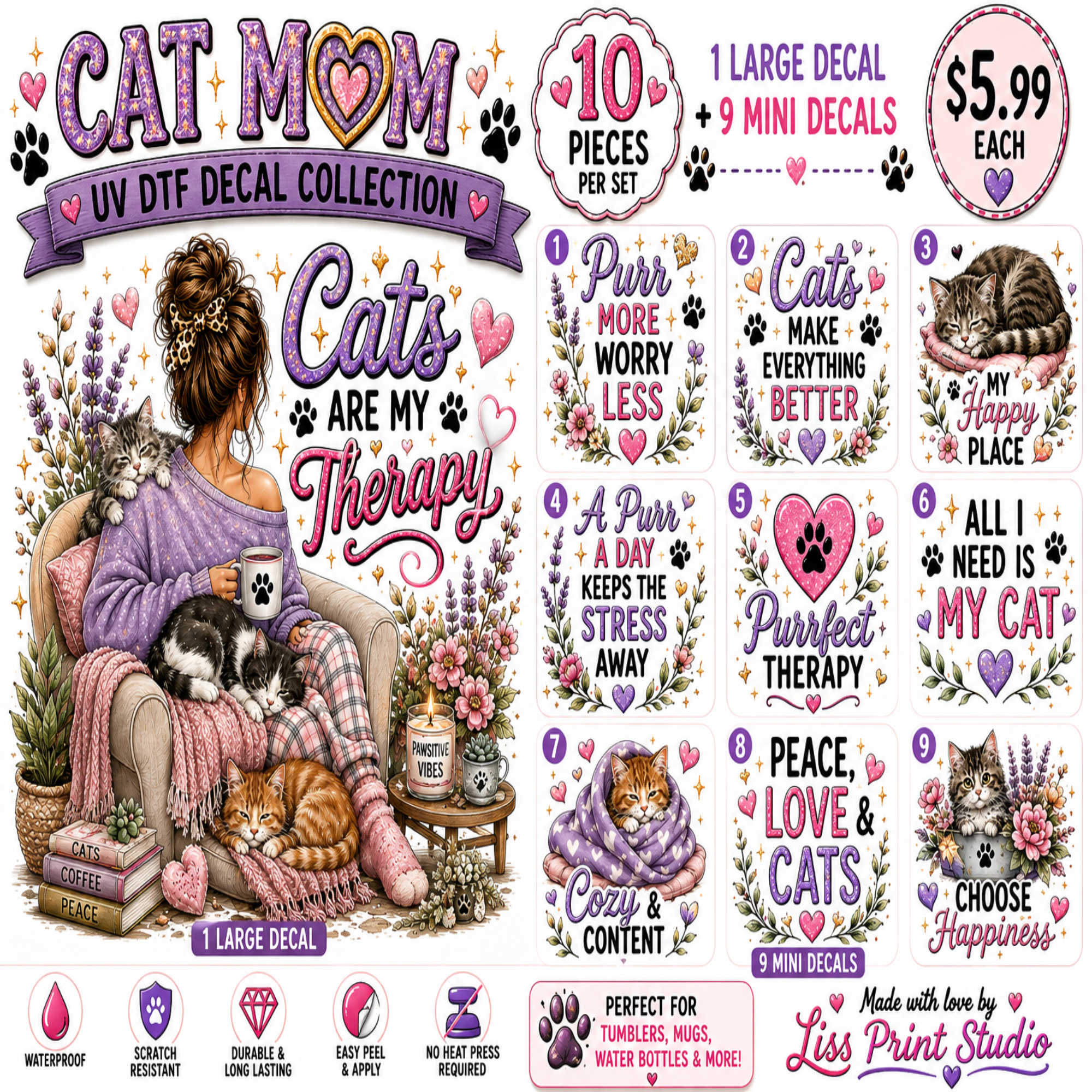A collage-style product sheet for a 'Cat Mom' UV DTF decal collection by Lisa Print Studio, showing multiple decorative sticker designs with cats, paw prints, hearts, flowers, and humorous quotes. The sheet includes a large 1-large decal, 9 mini decals, and pricing information, with a pink and purple color theme and illustrated woman-and-cat motifs.