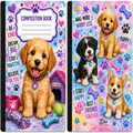 Two decorative composition book covers featuring colorful puppy illustrations and motivational text. The left cover shows a golden puppy, a doghouse, and the title 'COMPOSITION BOOK.