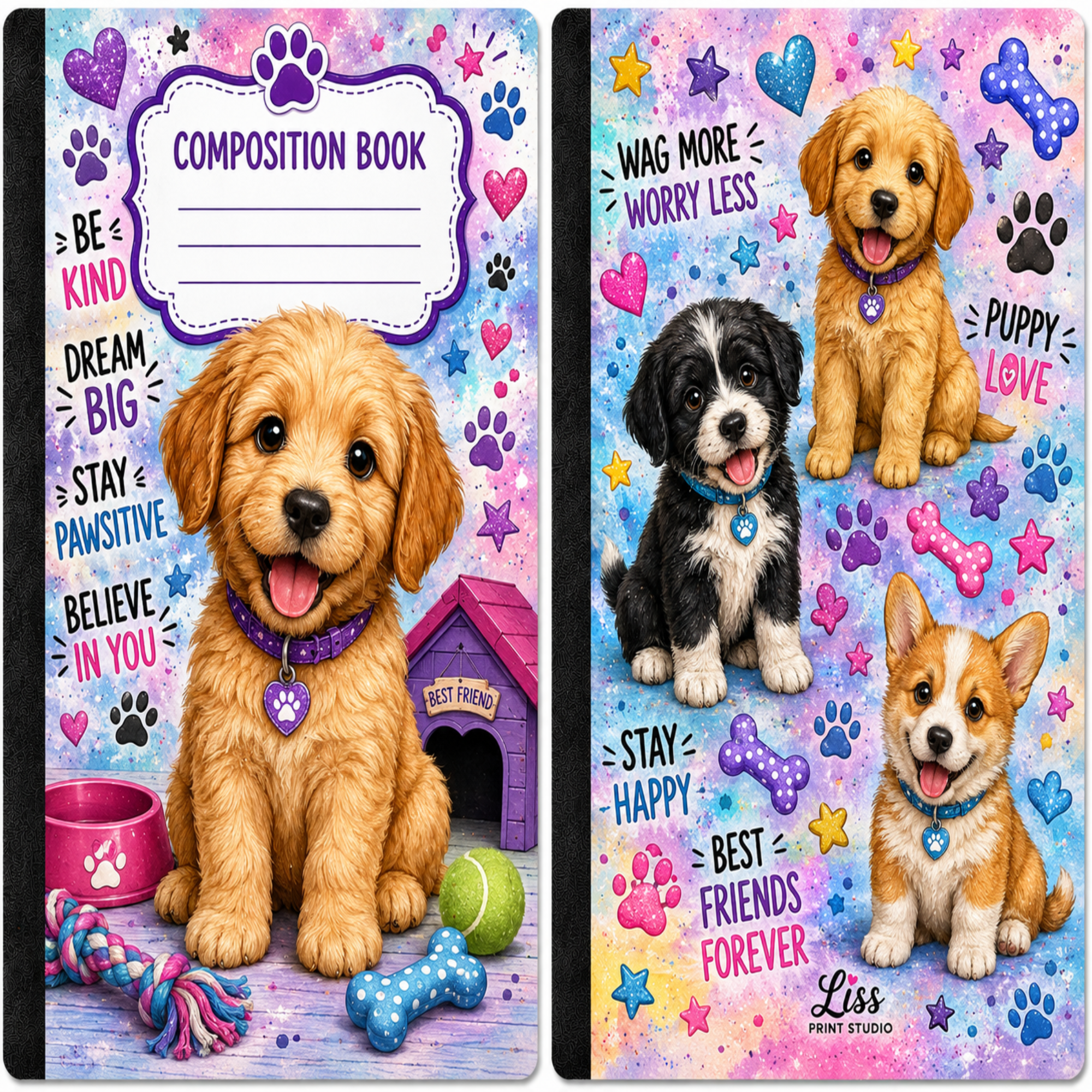 Two decorative composition book covers featuring colorful puppy illustrations and motivational text. The left cover shows a golden puppy, a doghouse, and the title 'COMPOSITION BOOK.
