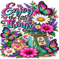 Vibrant graphic illustration featuring the phrase 'Enjoy the little things' in pink and teal lettering, surrounded by colorful butterflies, pink and white flowers, green leaves, and two mason jars with 'Be Kind' and heart details.