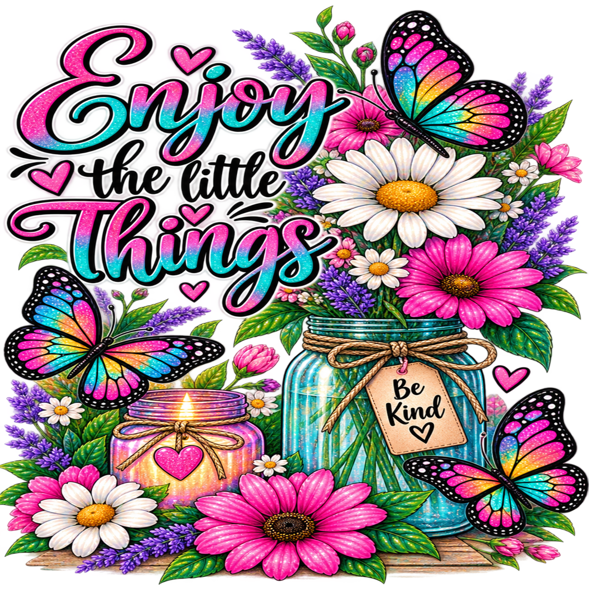Vibrant graphic illustration featuring the phrase 'Enjoy the little things' in pink and teal lettering, surrounded by colorful butterflies, pink and white flowers, green leaves, and two mason jars with 'Be Kind' and heart details.