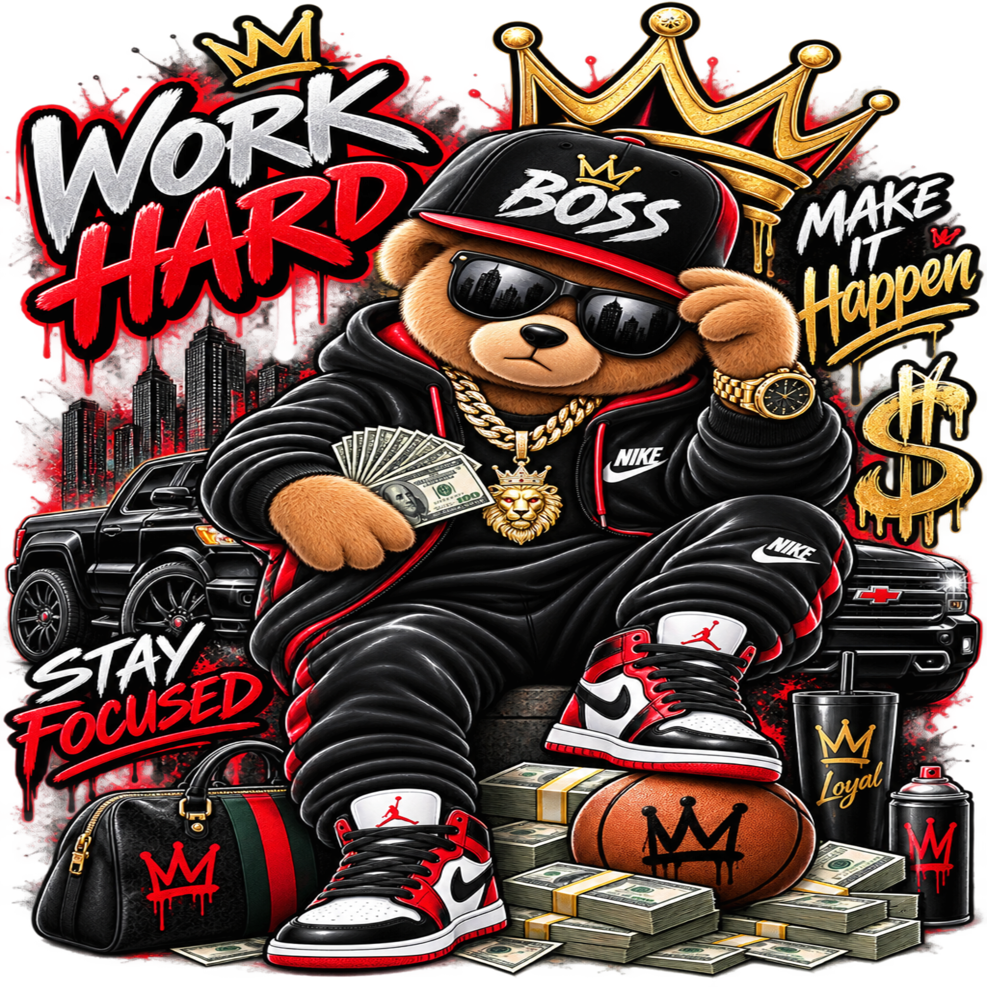 Work Hard Stay Focused Teddy Bear DTF Shirt – Men