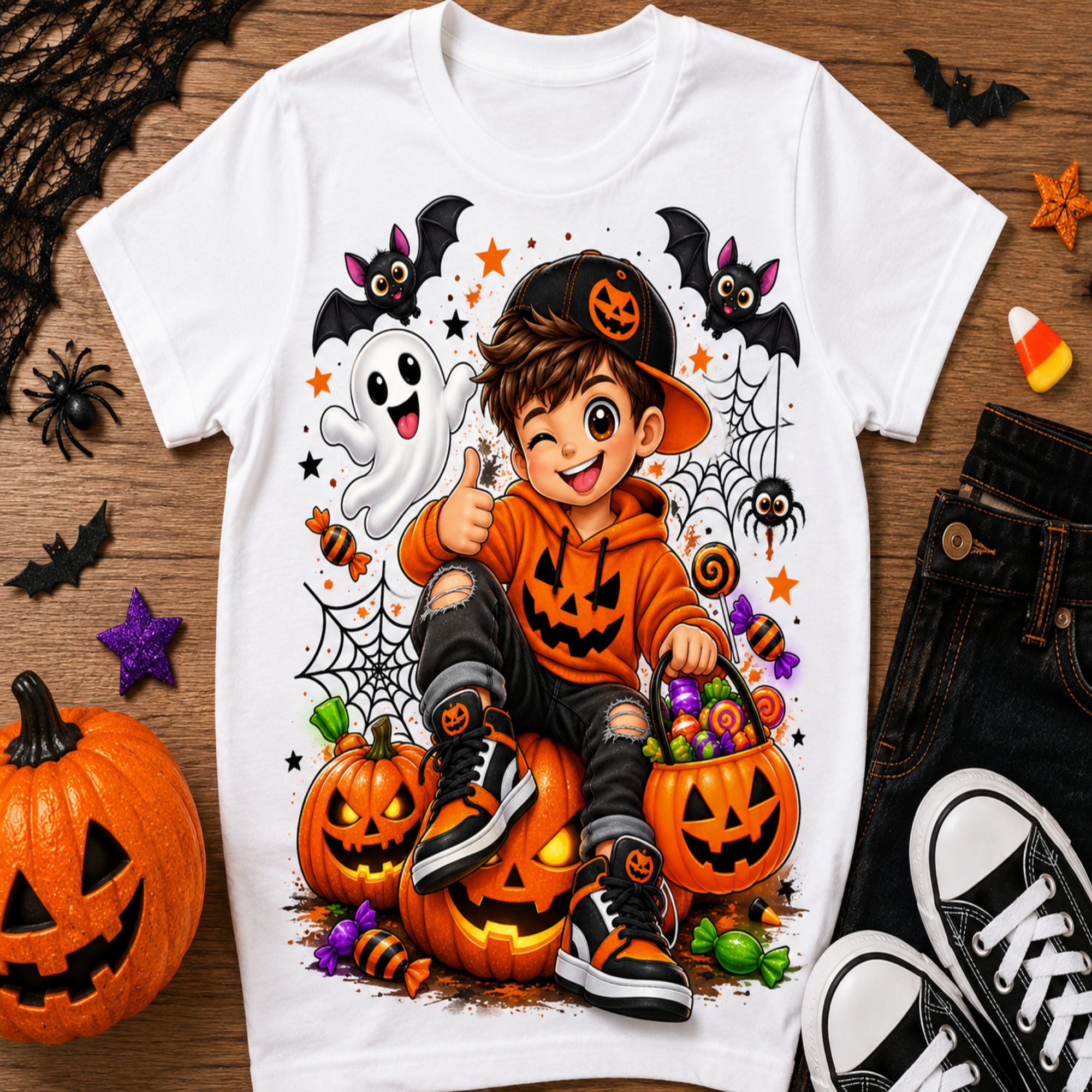 A white short-sleeve T-shirt laid flat on a wooden surface, featuring a large colorful Halloween graphic of a child in an orange pumpkin costume surrounded by jack-o'-lanterns, ghosts, bats, spiders, candy, and web motifs. The shirt is styled with seasonal props including a real pumpkin, black lace, stars, candy corn, and black jeans.