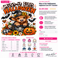 A promotional product graphic for a Moo-D for Halloween Highland Cow DTF transfer by Liss Print Studio. The design shows a cartoon cow with a plaid hat, black cat, jack-o'-lantern, and autumn leaves, with text including size, price, care instructions, and purchase buttons.