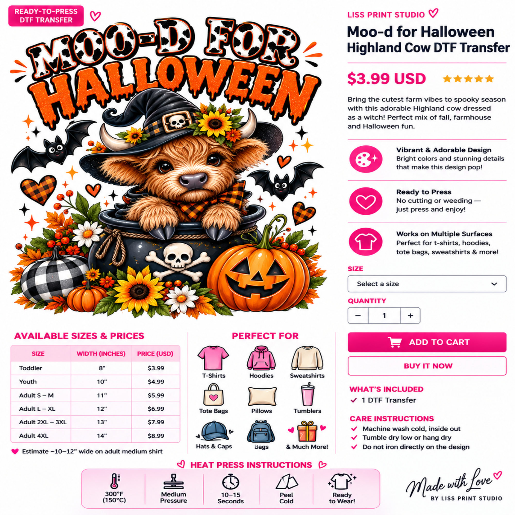 A promotional product graphic for a Moo-D for Halloween Highland Cow DTF transfer by Liss Print Studio. The design shows a cartoon cow with a plaid hat, black cat, jack-o'-lantern, and autumn leaves, with text including size, price, care instructions, and purchase buttons.