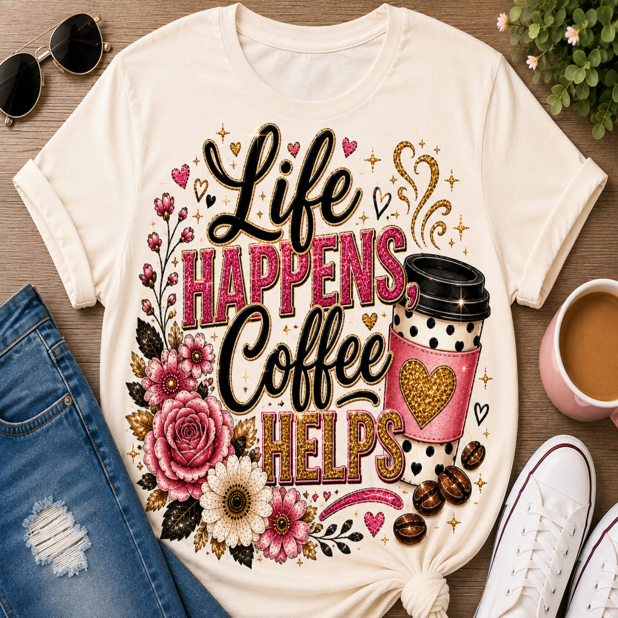 A cream-colored graphic t-shirt laid flat on a wooden surface, styled with a pair of blue jeans, white sneakers, sunglasses, and a pink coffee mug. The t-shirt features a colorful graphic with the text 'Life HAPPENS, Coffee HELPS' surrounded by pink and white roses, coffee beans, and a pink coffee cup with a gold heart.