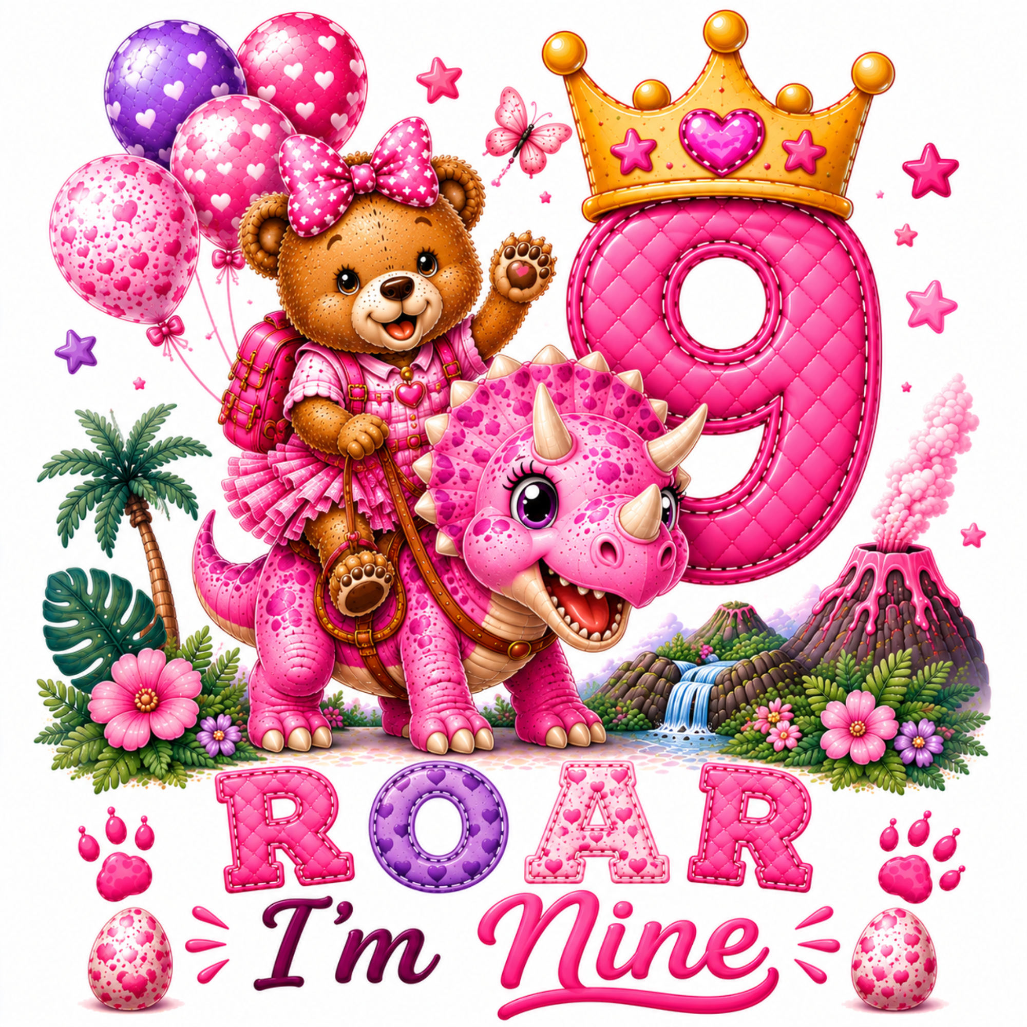 A colorful cartoon birthday illustration for a child turning nine, featuring a pink triceratops dinosaur, a brown teddy bear in a pink dress holding balloons, a large pink quilted number 9 with a gold crown, flowers, mountains, and the text 'ROARO I'm Nine' on a white background.