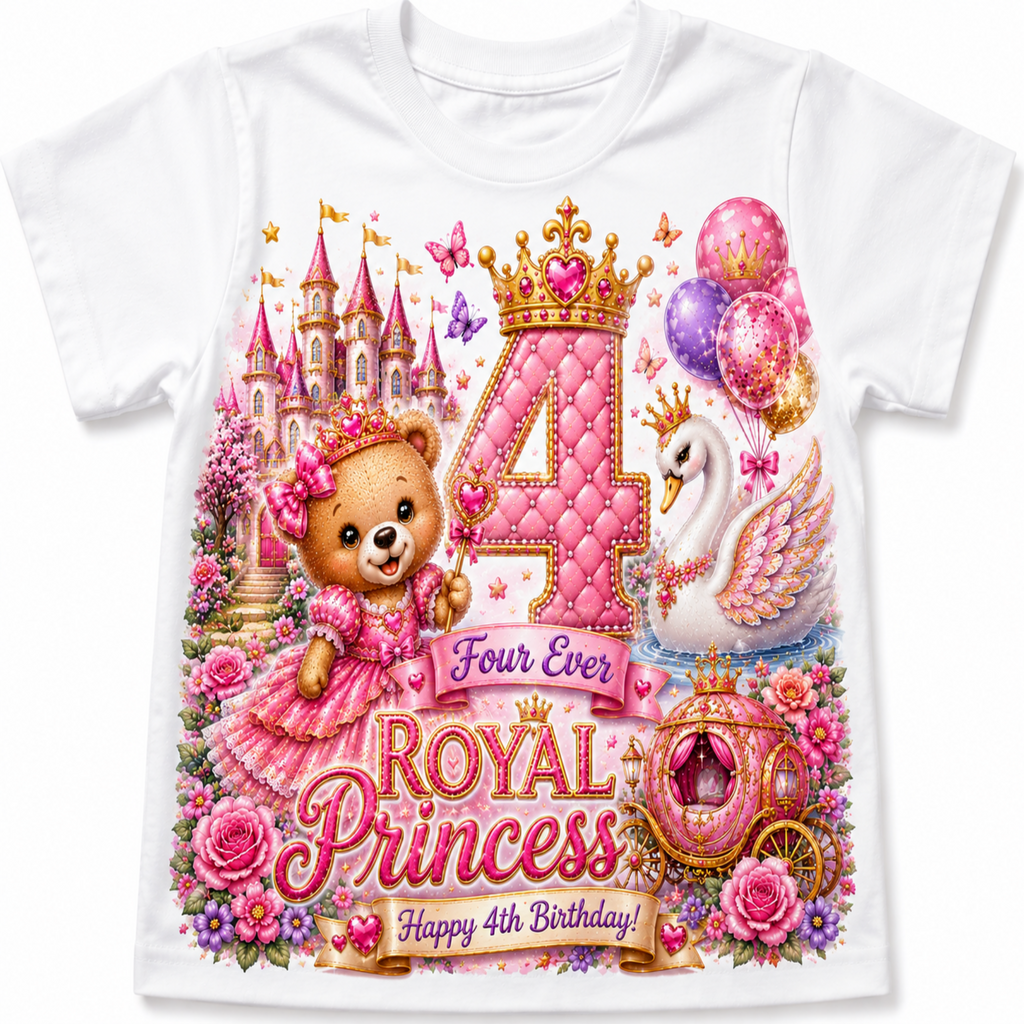 A white short-sleeve baby t-shirt featuring a large, colorful '4th Royal Princess' birthday graphic on the front. The graphic includes a pink teddy bear in a dress, a swan, a castle, balloons, and a carriage.