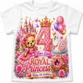 A white short-sleeve baby t-shirt featuring a large, colorful '4th Royal Princess' birthday graphic on the front. The graphic includes a pink teddy bear in a dress, a swan, a castle, balloons, and a carriage.