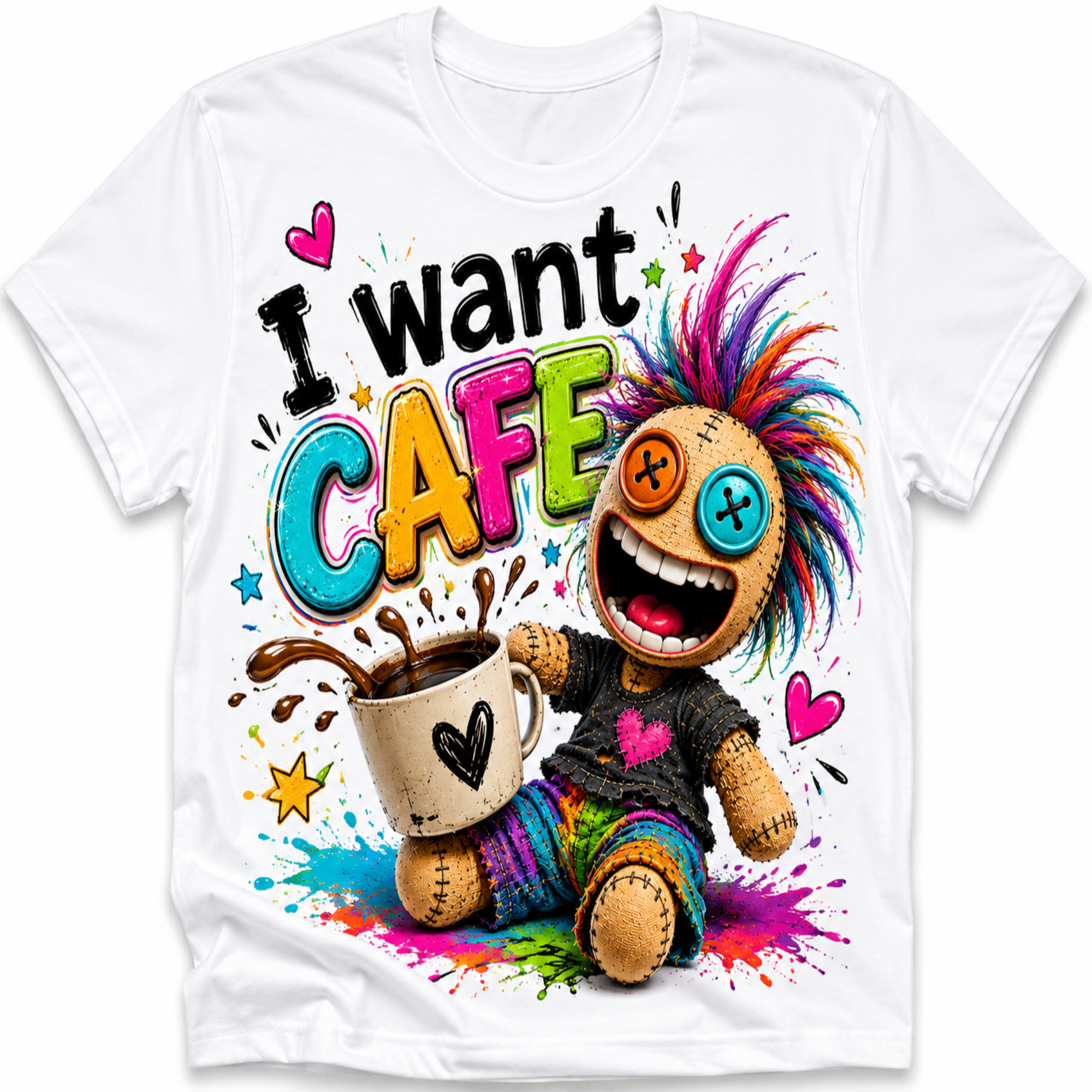A white short-sleeve crewneck t-shirt featuring a colorful graphic print of a smiling rag doll with rainbow hair, holding a coffee mug, and the text 'I want CAFE' in bold, playful lettering.
